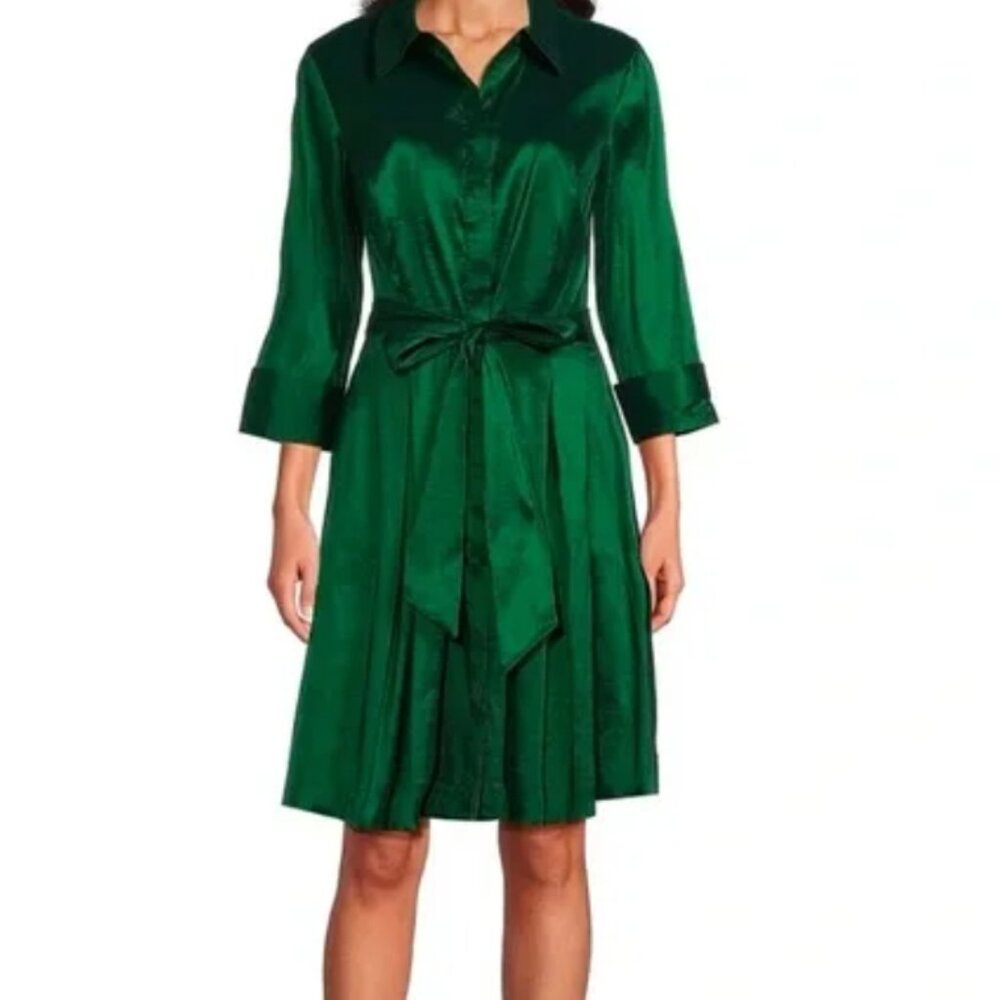 Preston & York Debra Stretch Taffeta 3/4 Sleeve Button Front Shirt Dress Size 18